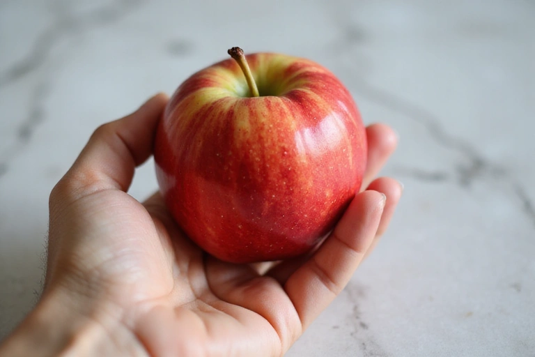 Mano che tiene una mela fresca, simbolo di alimentazione sana