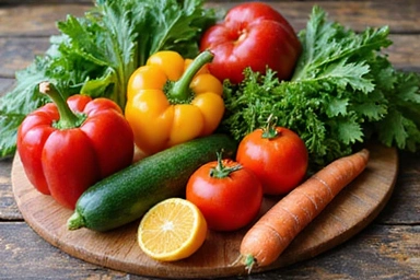 Un tavolo con una varietà di verdure fresche e colorate, pronte per essere cucinate.