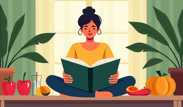 Una persona che legge un libro circondata da alimenti sani e piante verdi, simboleggiando conoscenza e benessere.