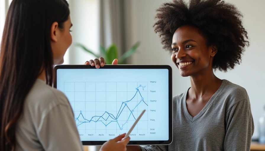 Una persona sorridente che mostra i progressi su un grafico a una nutrizionista, in un'atmosfera di successo e collaborazione.